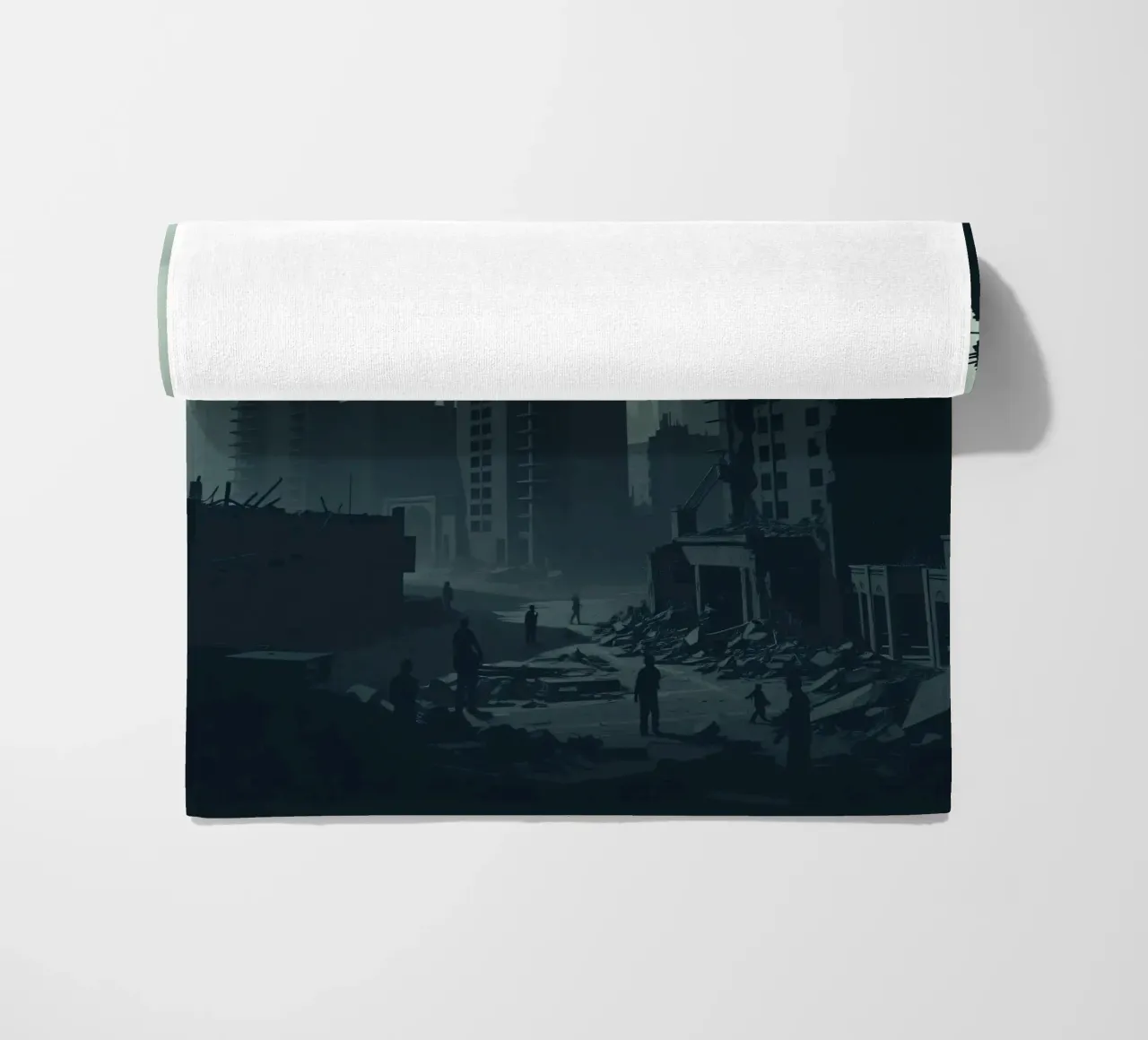 Post-apocalyptic cityscape with crumbling skyscrapers and si beach towel by DesignDoodle