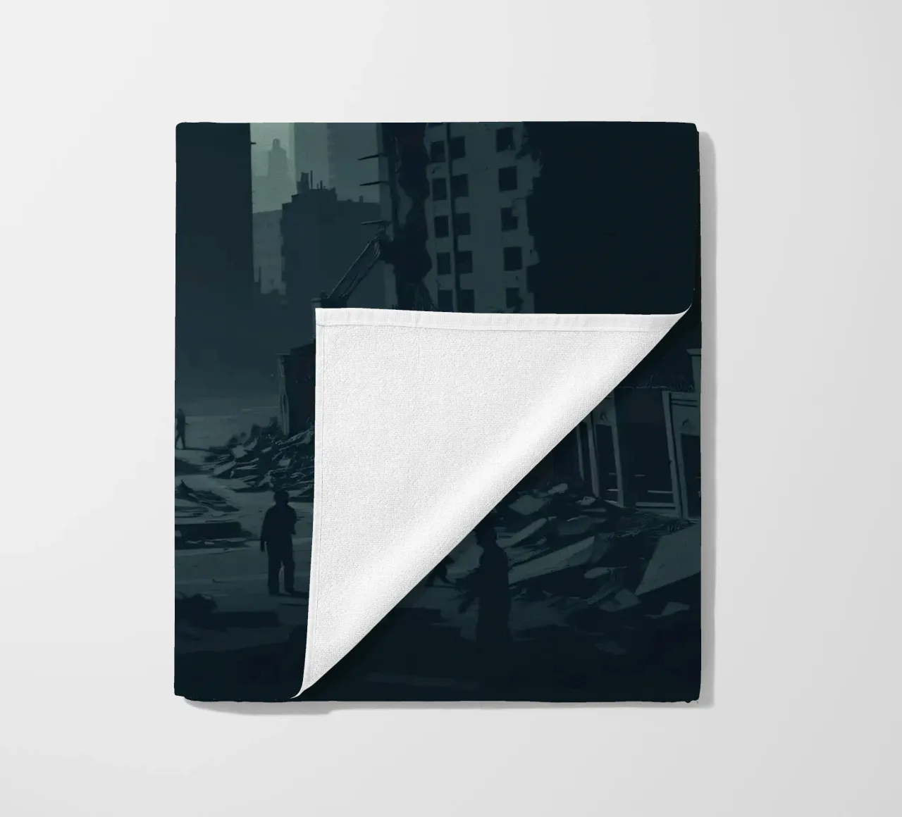 Post-apocalyptic cityscape with crumbling skyscrapers and si beach towel by DesignDoodle
