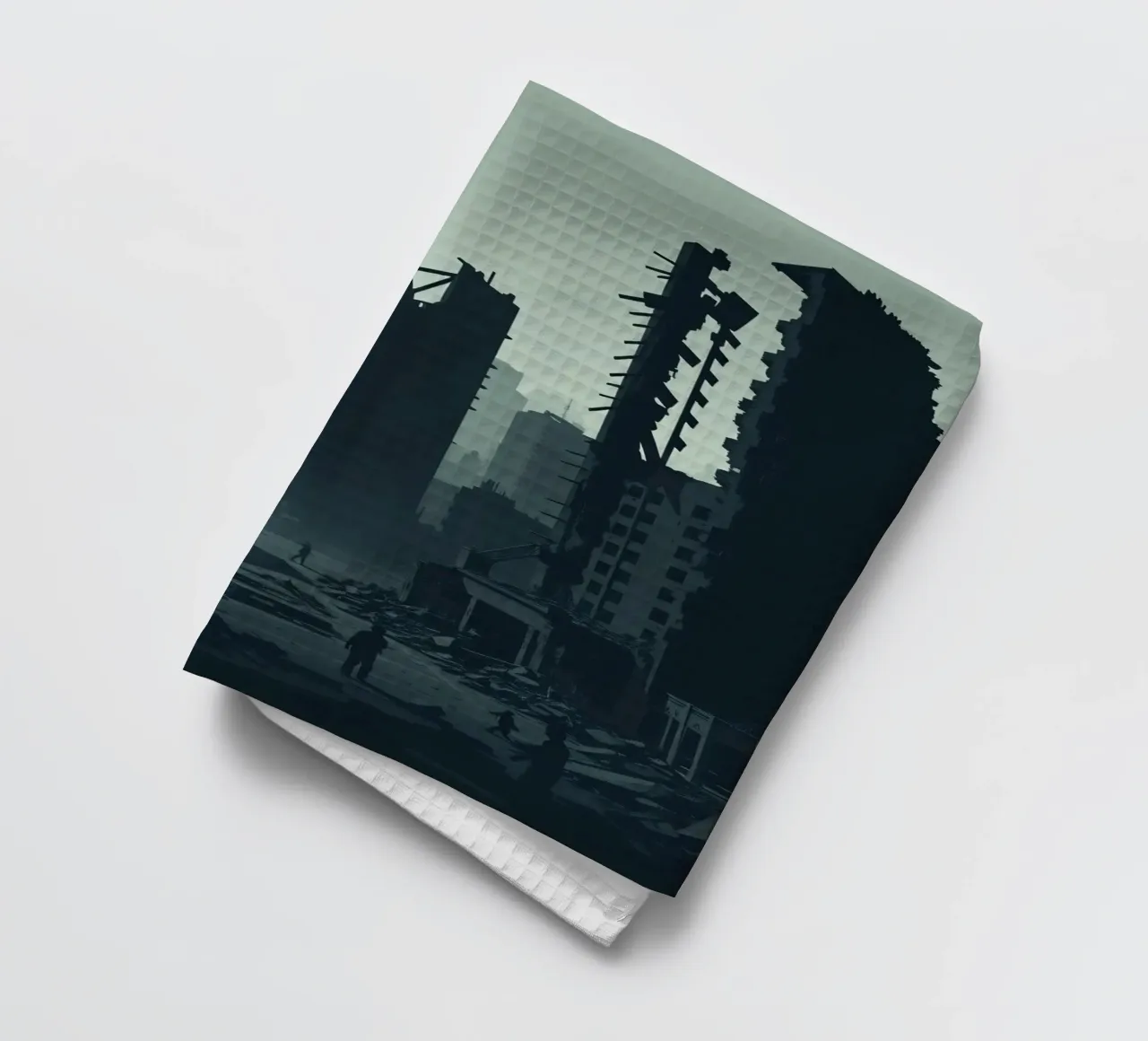 Post-apocalyptic cityscape with crumbling skyscrapers and si tea towel by DesignDoodle