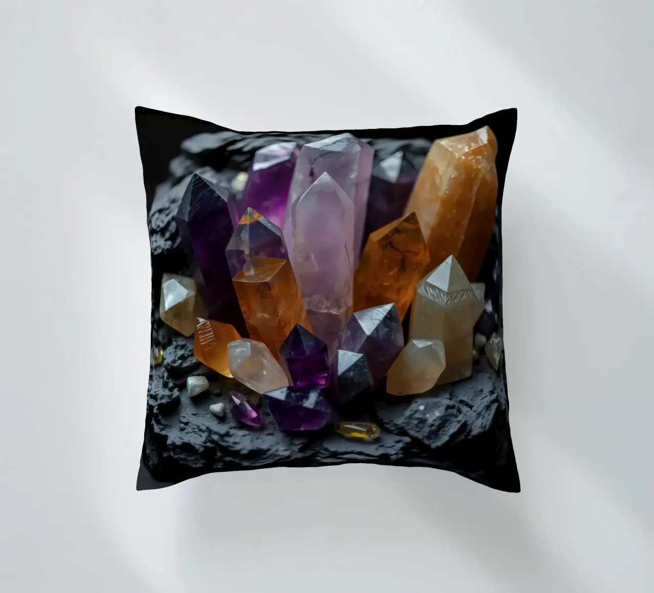 Cristalli colorati su una base di pietra nera cuscino da DesignDoodle