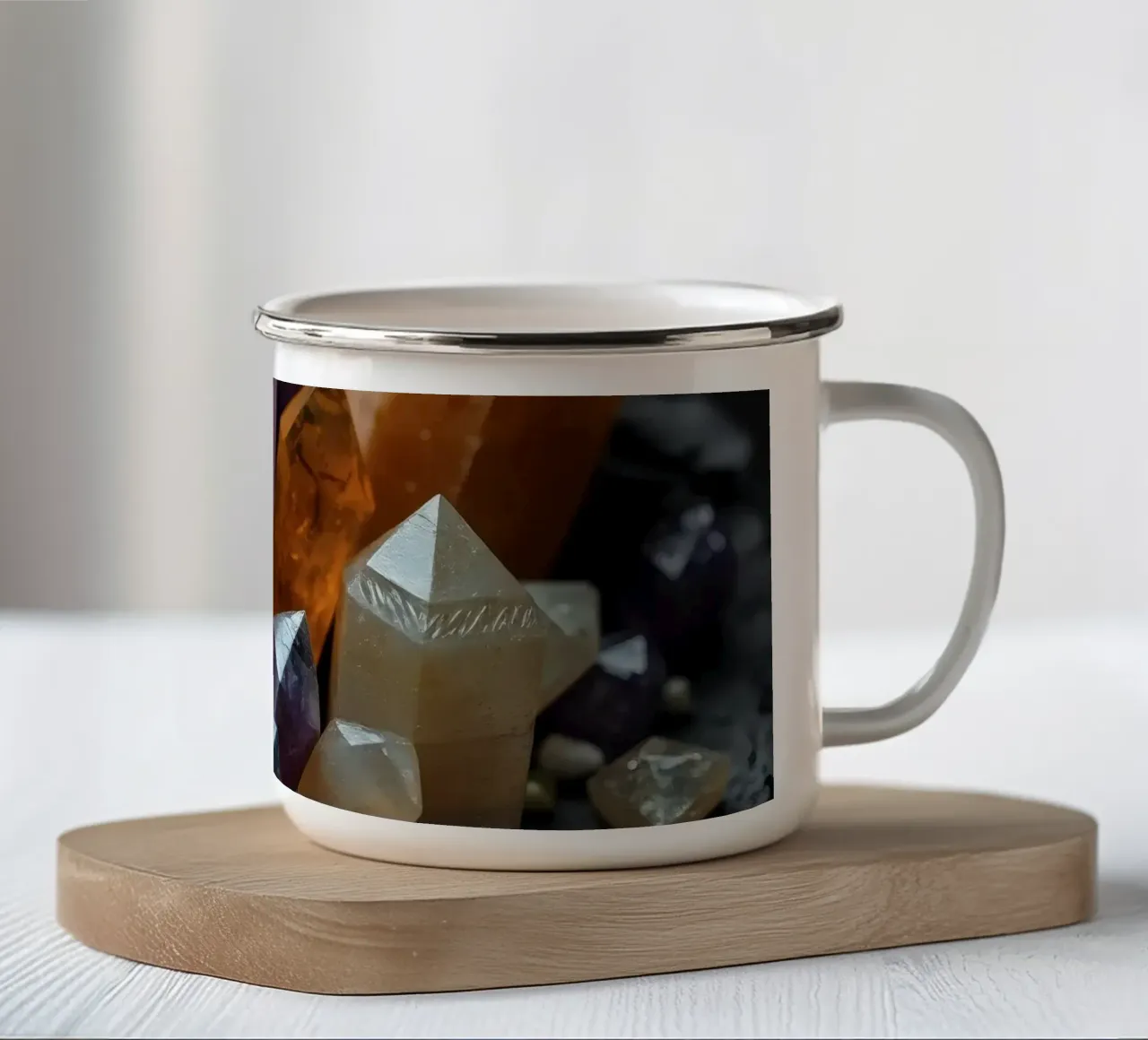 Cristalli colorati su una base di pietra nera tazza in smalto da DesignDoodle