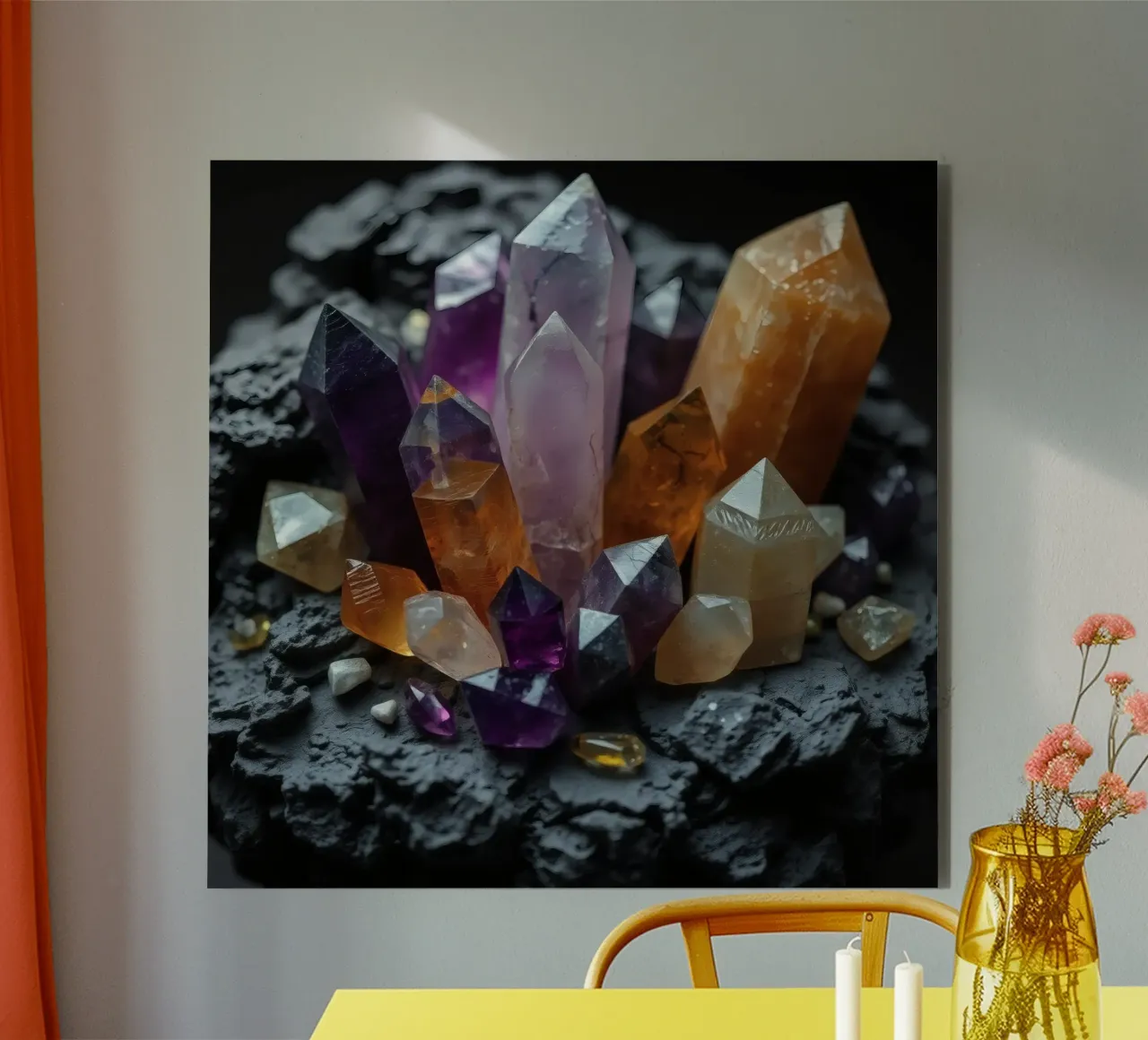 Kleurrijke kristallen op een basis van zwarte steen aluminium-dibond van DesignDoodle