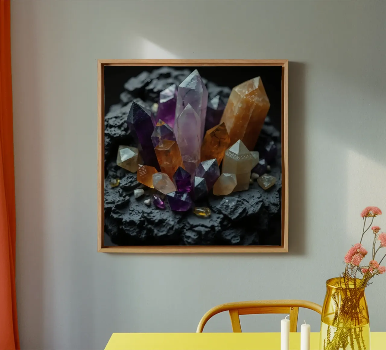 Colorful crystals displayed on a black stone base canvas by DesignDoodle