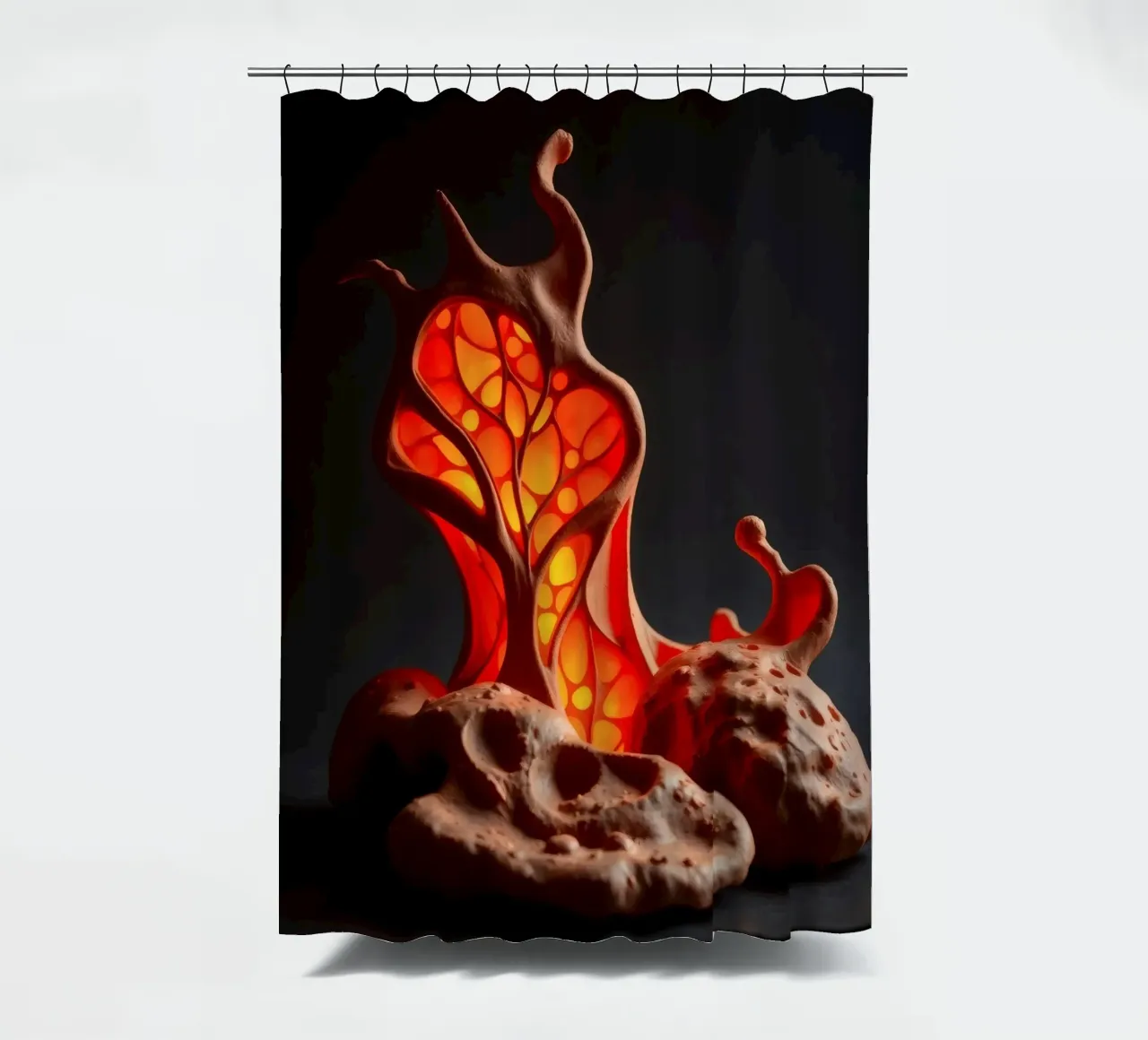Unique handcrafted ceramic lamp with organic design and warm shower curtain by DesignDoodle