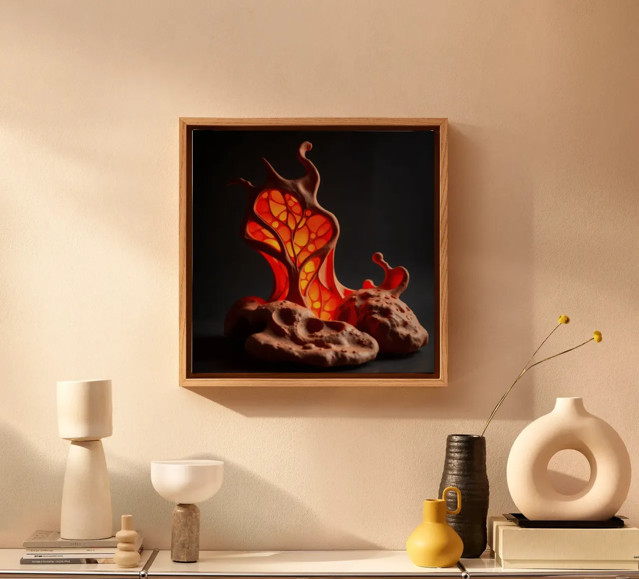 Unique handcrafted ceramic lamp with organic design and warm canvas with Floater frame by DesignDoodle