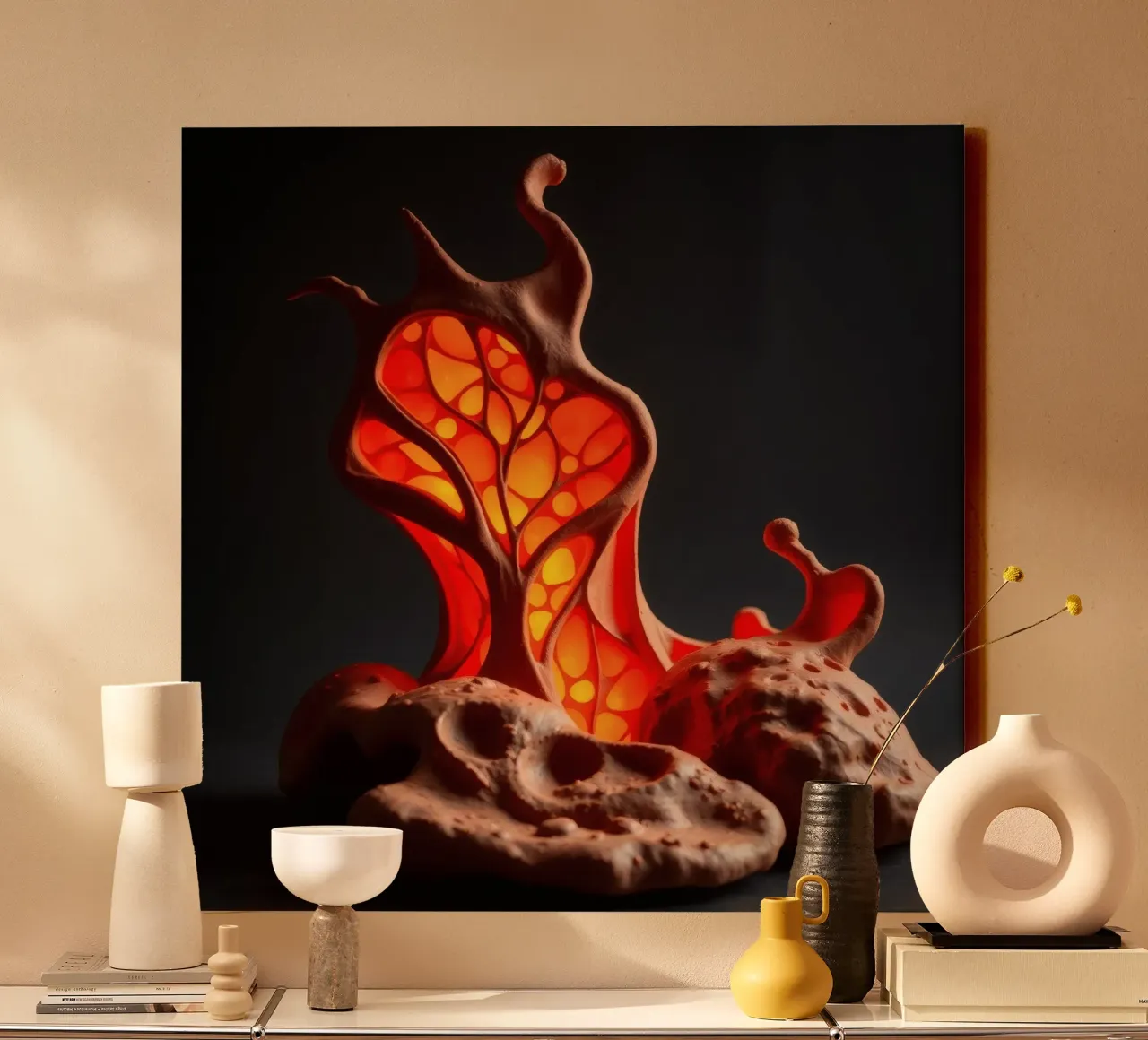 Unique handcrafted ceramic lamp with organic design and warm canvas with Floater frame by DesignDoodle