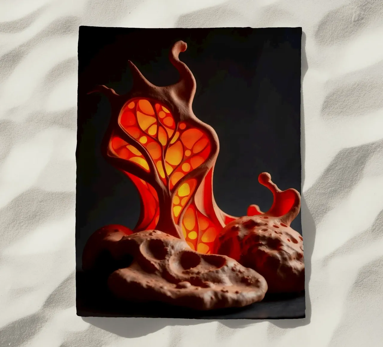 Unique handcrafted ceramic lamp with organic design and warm beach towel by DesignDoodle