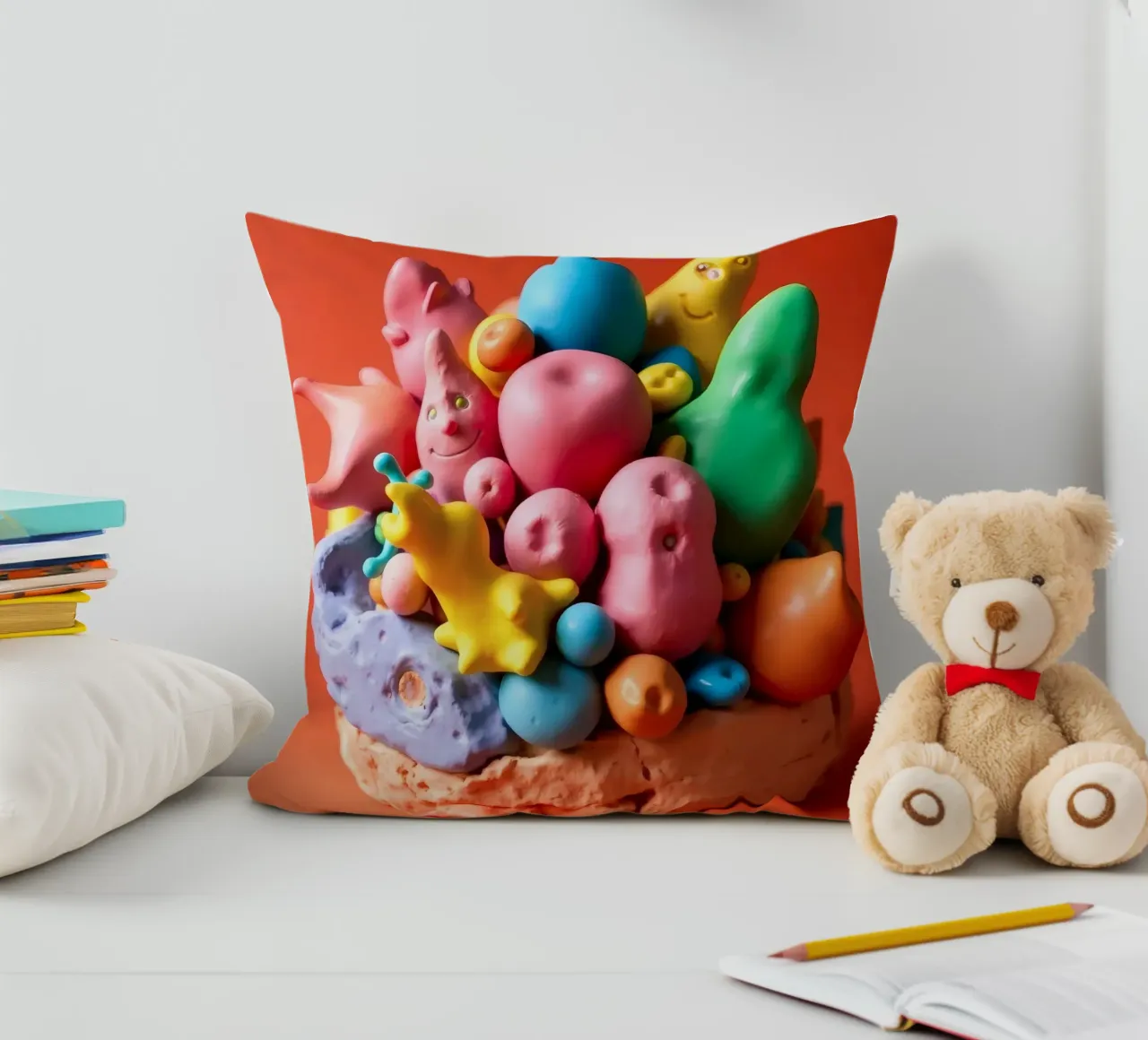 Assortimento colorato di forme e personaggi giocosi cuscino da DesignDoodle