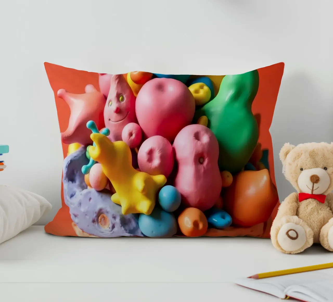 Assortimento colorato di forme e personaggi giocosi cuscino da DesignDoodle