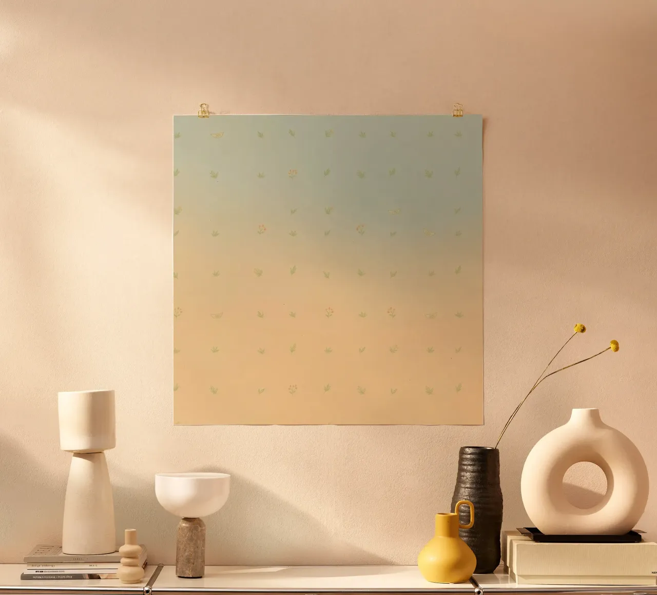 Softly colored background with delicate floral patterns poster with wooden frame by DesignDoodle