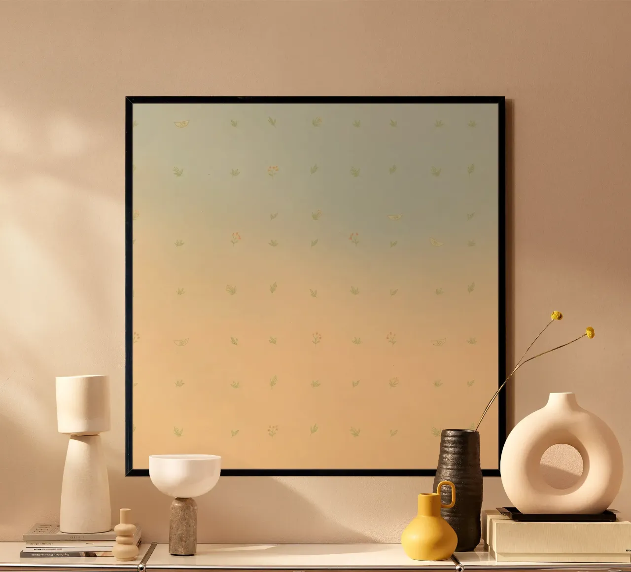 Softly colored background with delicate floral patterns poster with wooden frame by DesignDoodle