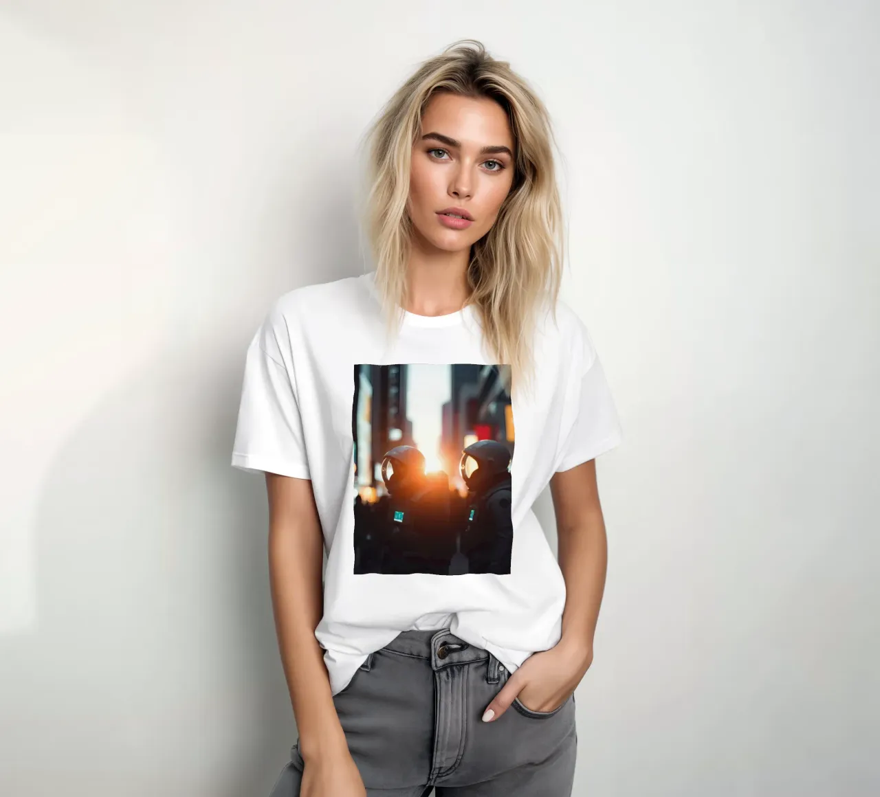 Zwei Astronauten erkunden eine belebte Stadt bei Sonnenuntergang T-Shirt von DesignDoodle