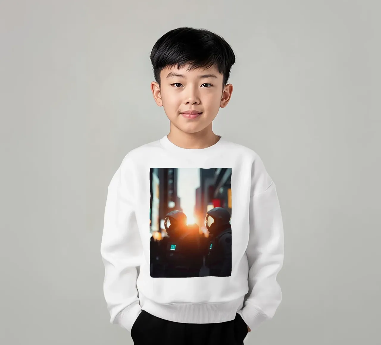 Due astronauti esplorano una città vivace durante il tramonto felpa bambino da DesignDoodle