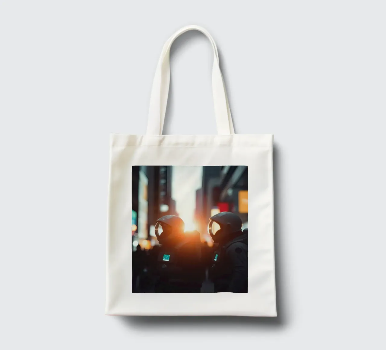 Due astronauti esplorano una città vivace durante il tramonto borsa in juta da DesignDoodle