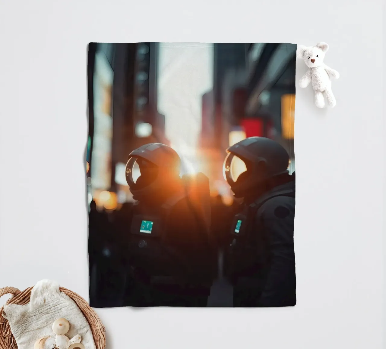 Due astronauti esplorano una città vivace durante il tramonto coperta in pile da DesignDoodle