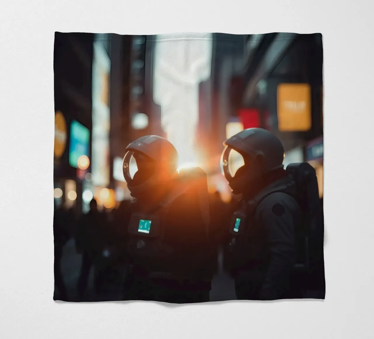 Due astronauti esplorano una città vivace durante il tramonto coperta in pile da DesignDoodle