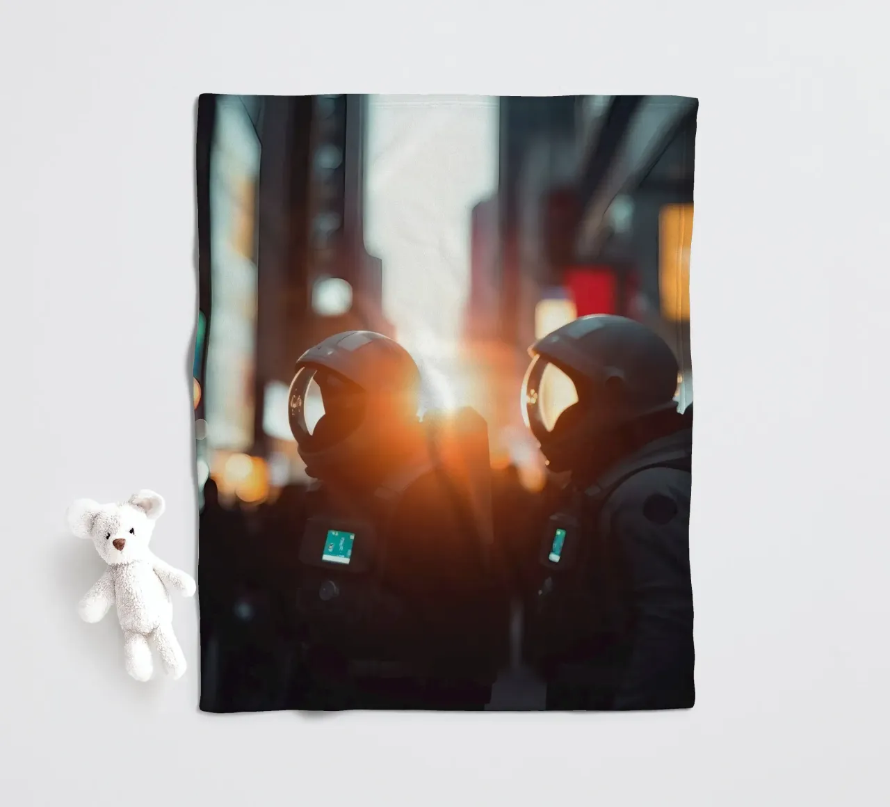 Due astronauti esplorano una città vivace durante il tramonto coperta in pile da DesignDoodle