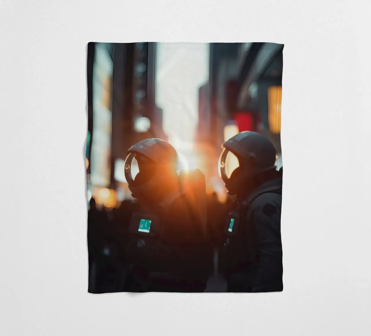 Due astronauti esplorano una città vivace durante il tramonto coperta in pile da DesignDoodle
