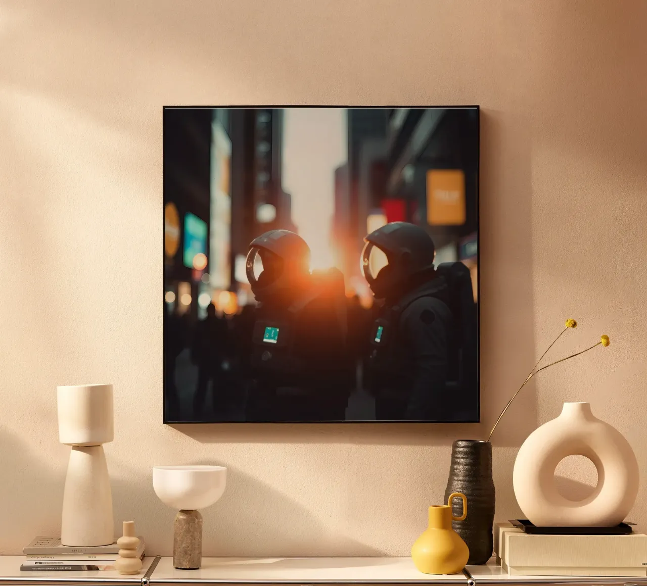 Due astronauti esplorano una città vivace durante il tramonto alluminio dibond da DesignDoodle