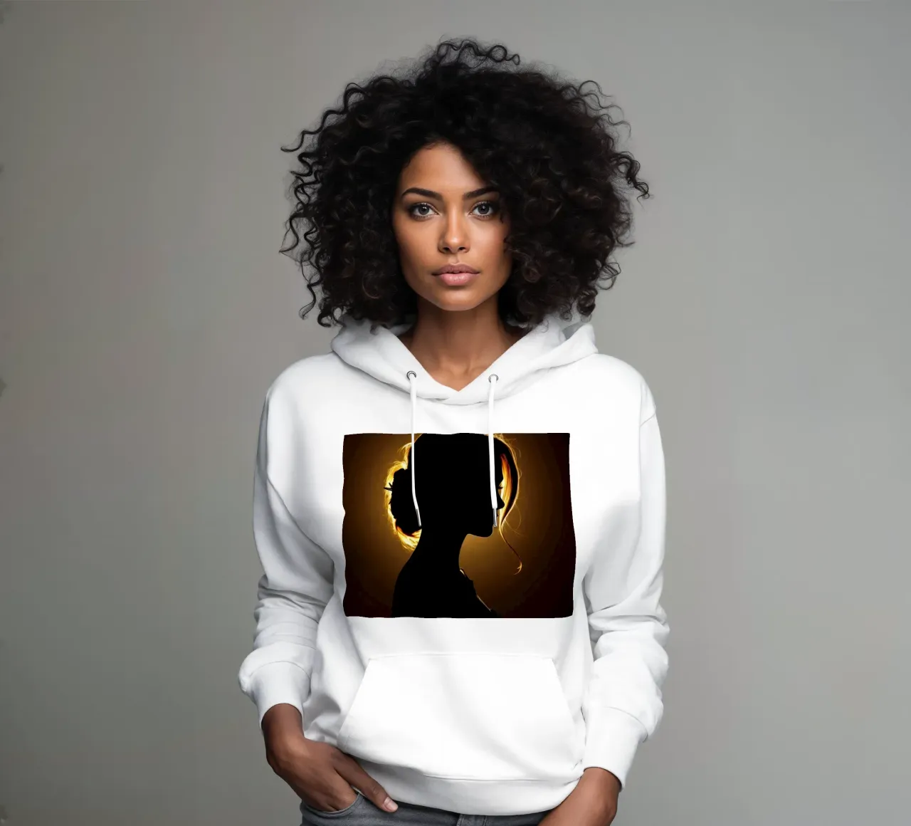 Silhouette di una donna con capelli fluenti illuminata da una luce calda felpa con cappuccio da DesignDoodle
