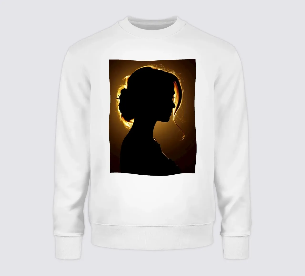 Silhouette di una donna con capelli fluenti illuminata da una luce calda felpa da DesignDoodle
