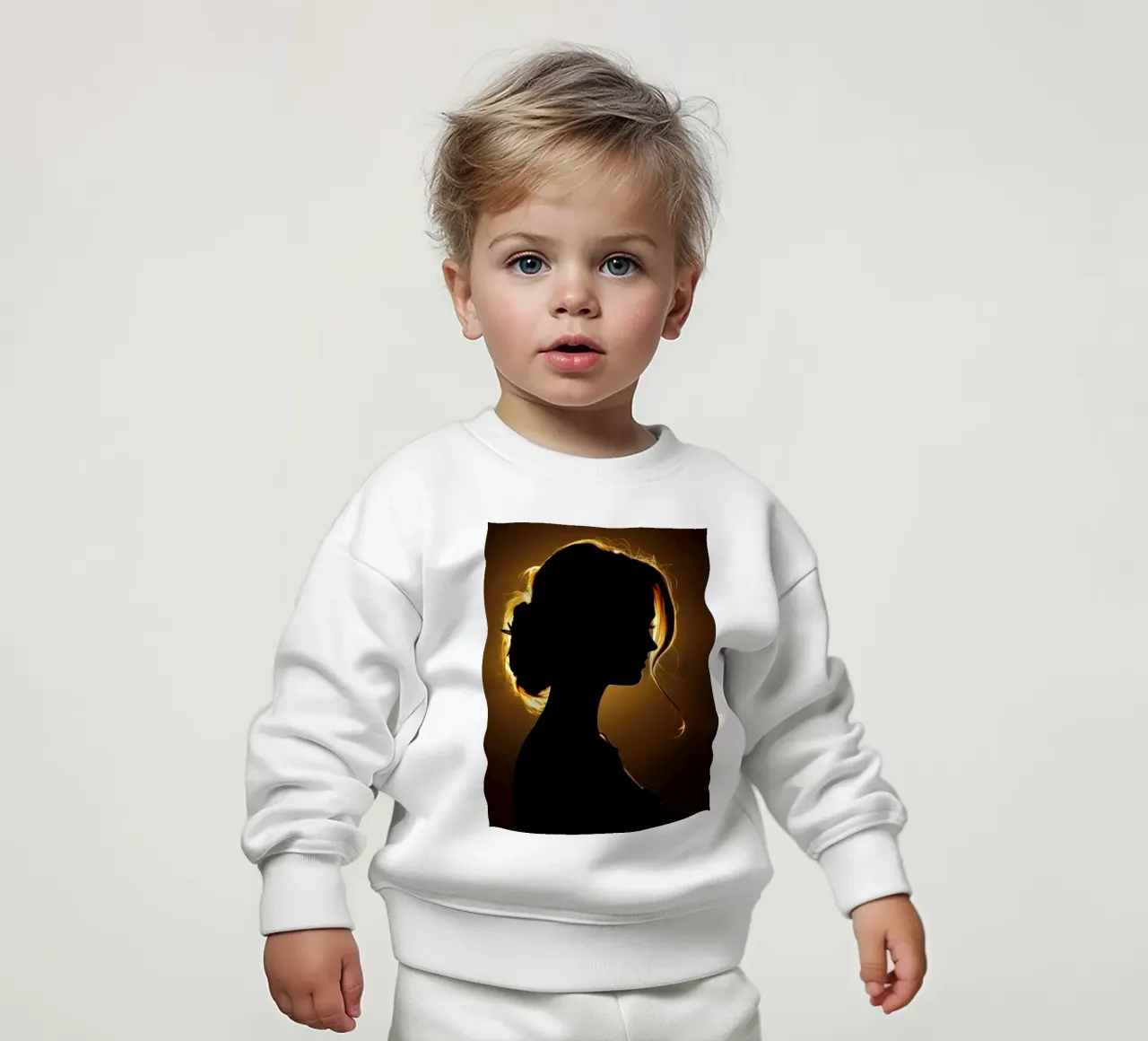 Silhouette di una donna con capelli fluenti illuminata da una luce calda felpa neonato da DesignDoodle