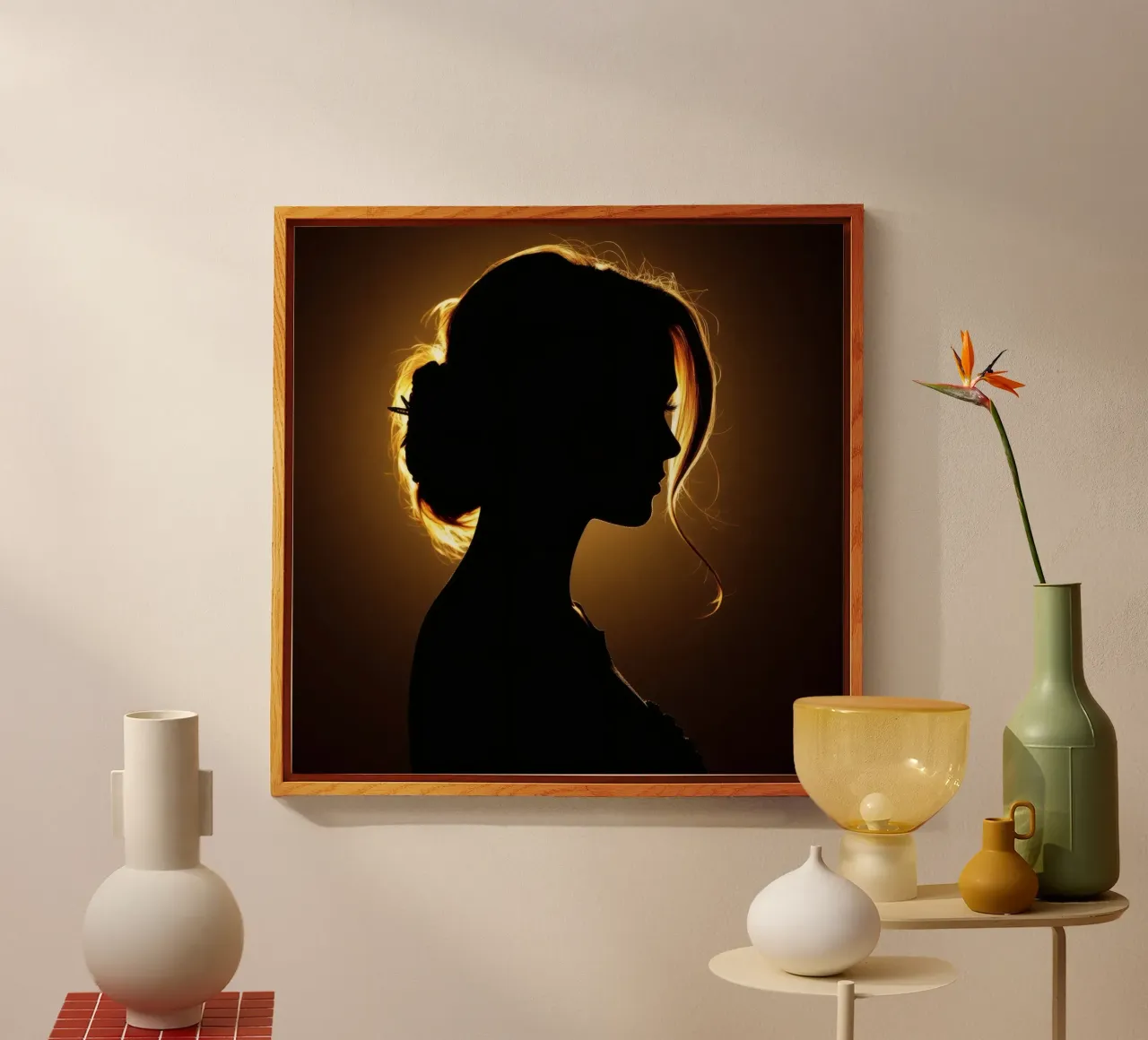 Silhouette di una donna con capelli fluenti illuminata da una luce calda plexiglass da DesignDoodle