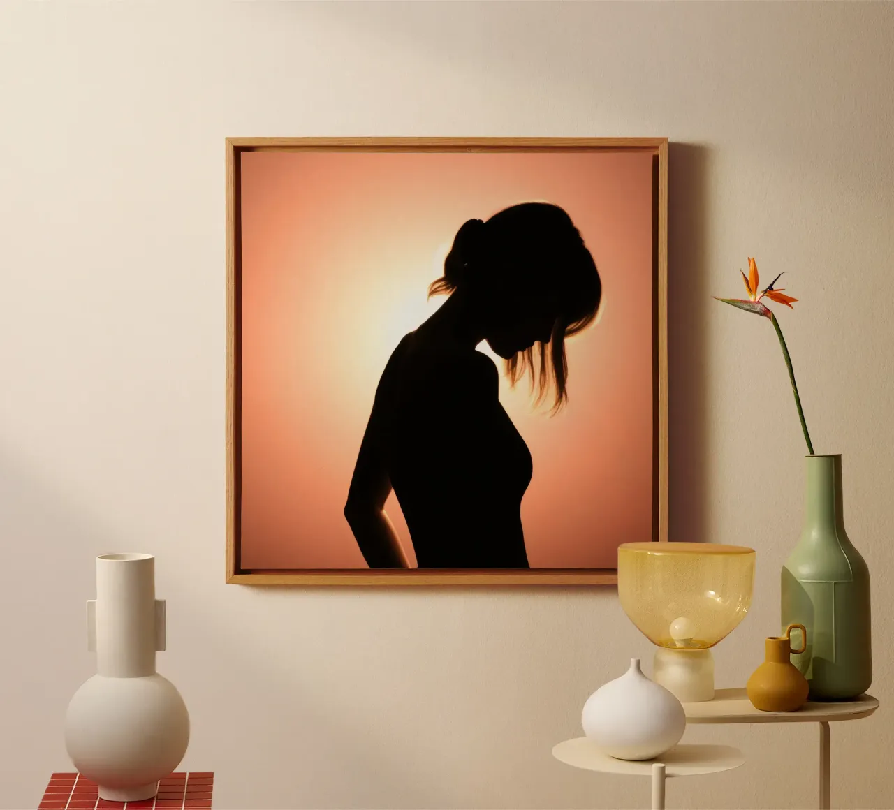 Silhouette of a woman against a stunning sunset canvas by DesignDoodle