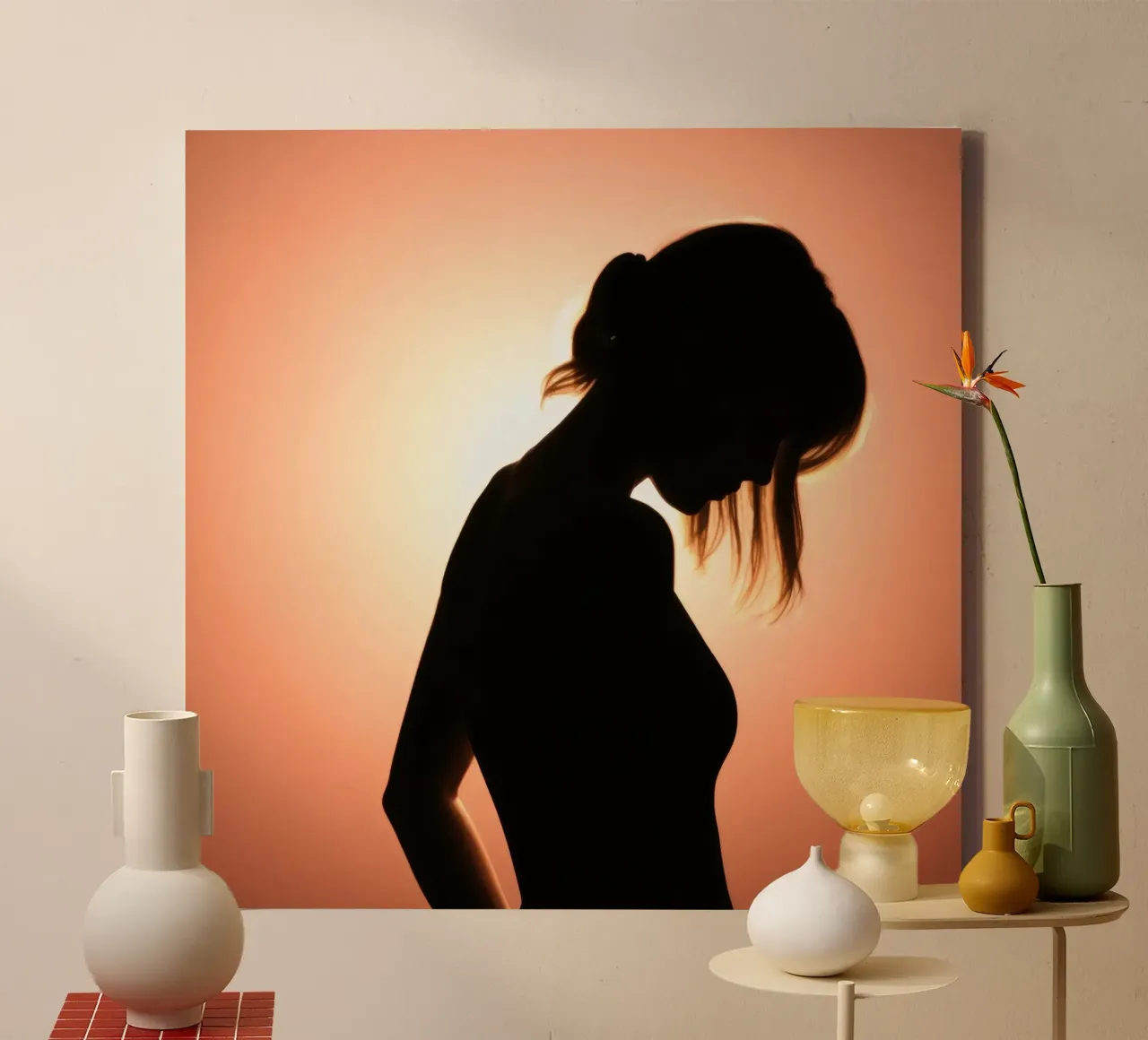 Silhouette of a woman against a stunning sunset canvas by DesignDoodle
