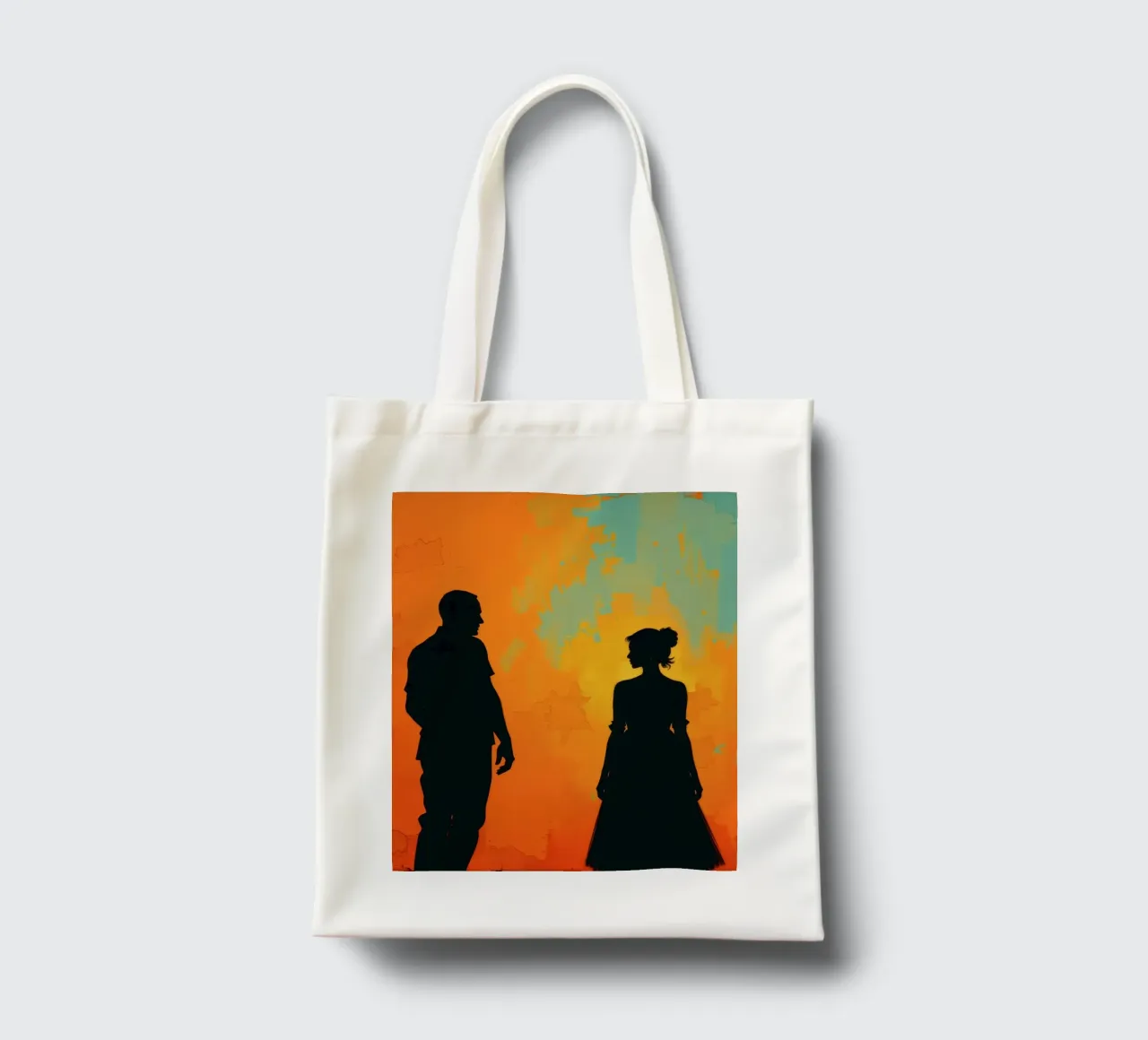 Coppia di sposi in un tramonto dai colori caldi e vivaci borsa in juta da DesignDoodle