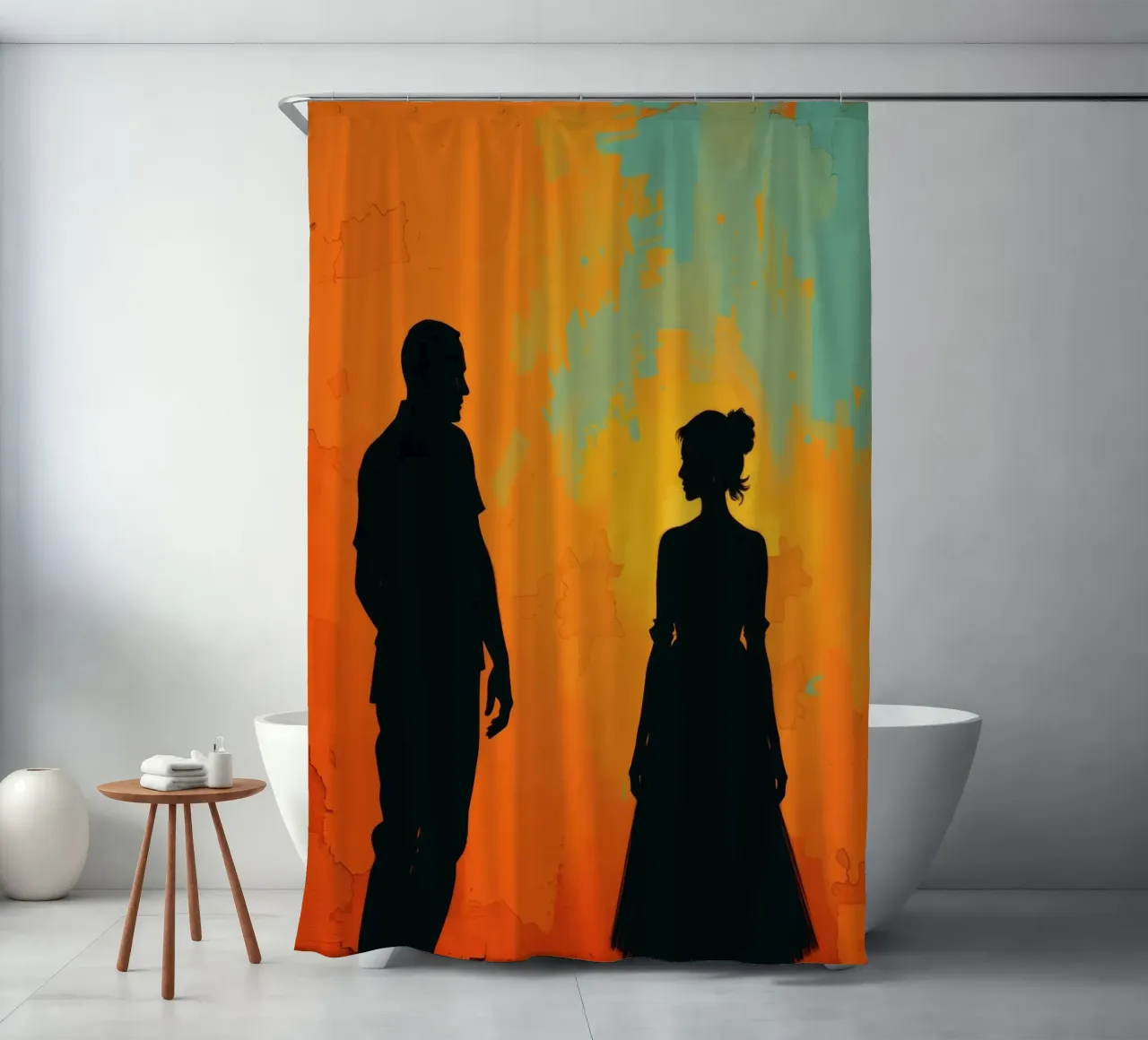 Coppia di sposi in un tramonto dai colori caldi e vivaci tenda da doccia da DesignDoodle