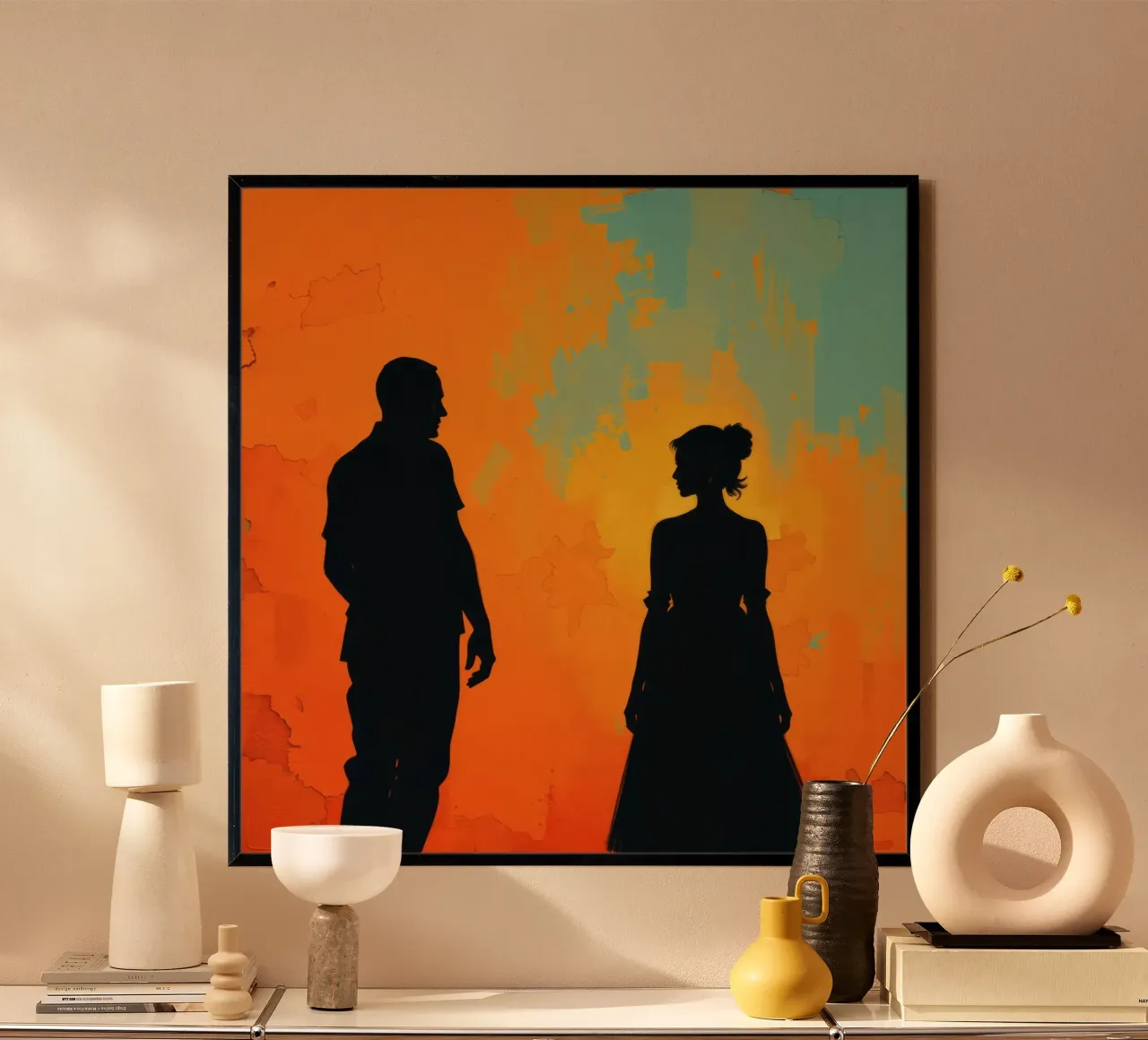 Coppia di sposi in un tramonto dai colori caldi e vivaci carta hahnemühle da DesignDoodle