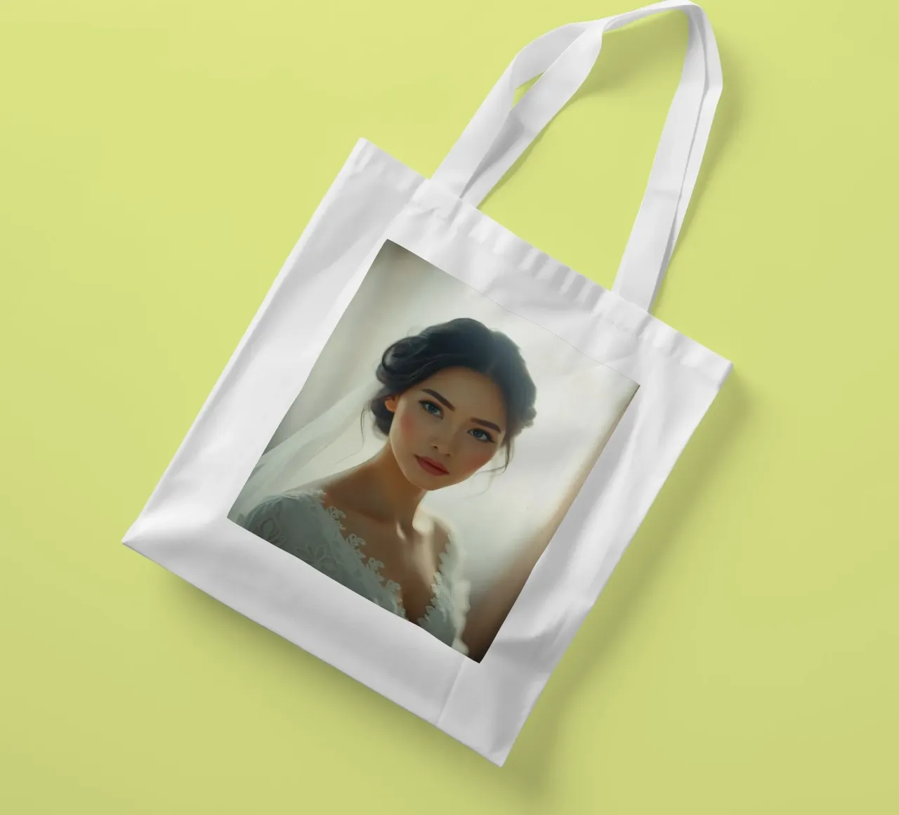 Een bruid met lang, donker haar, elegant gestyled jute draagtas van DesignDoodle