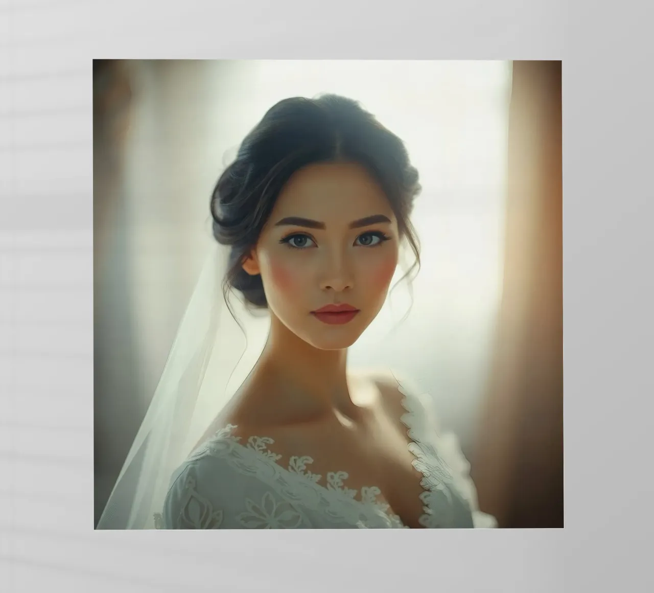 Una sposa con capelli lunghi e scuri acconciati in modo elegante pellicola backlit da DesignDoodle