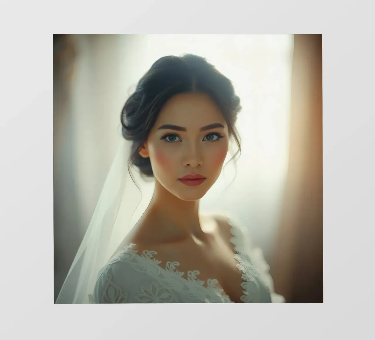 Una sposa con capelli lunghi e scuri acconciati in modo elegante pellicola backlit da DesignDoodle