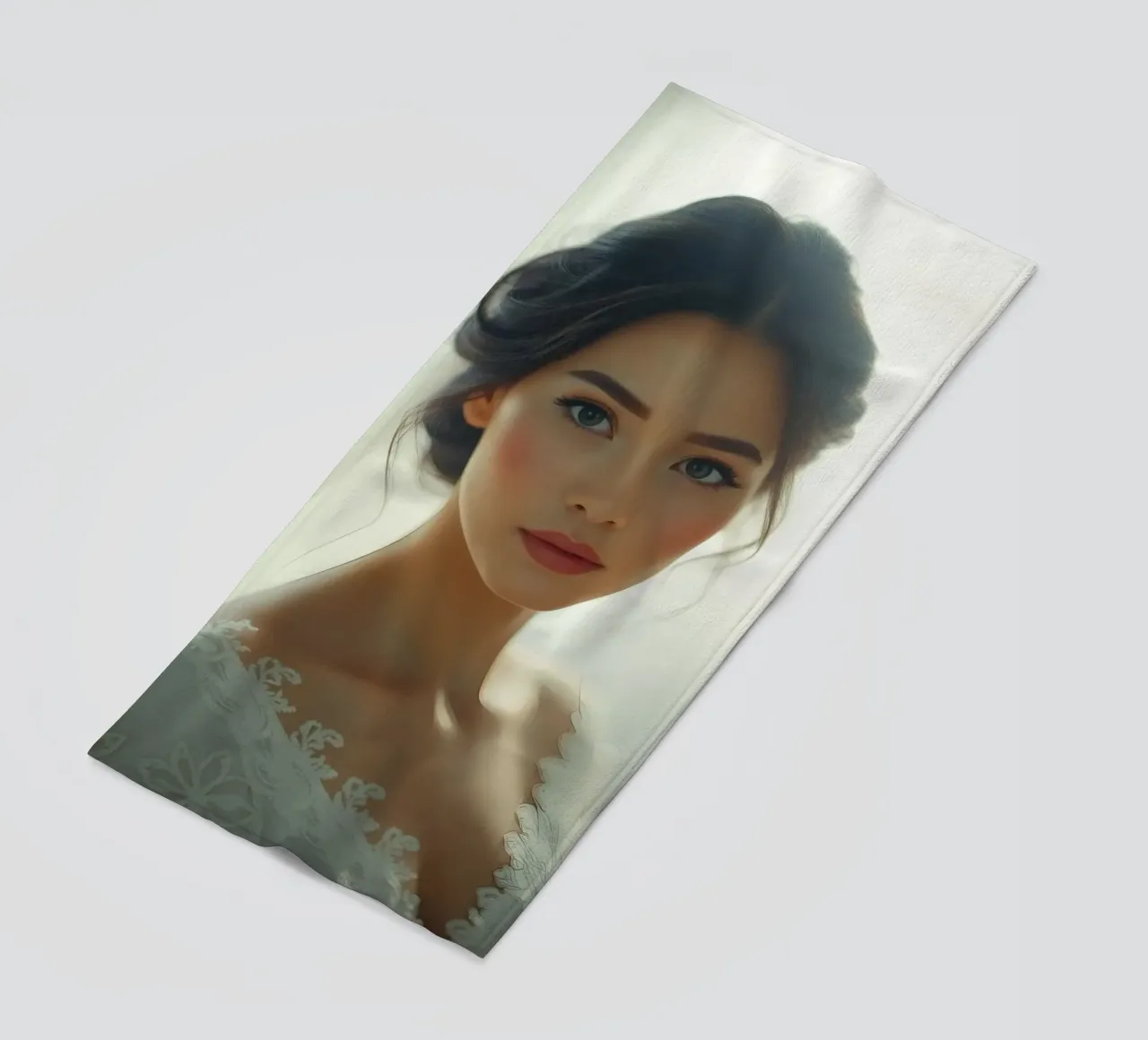 Een bruid met lang, donker haar, elegant gestyled strandhanddoek van DesignDoodle