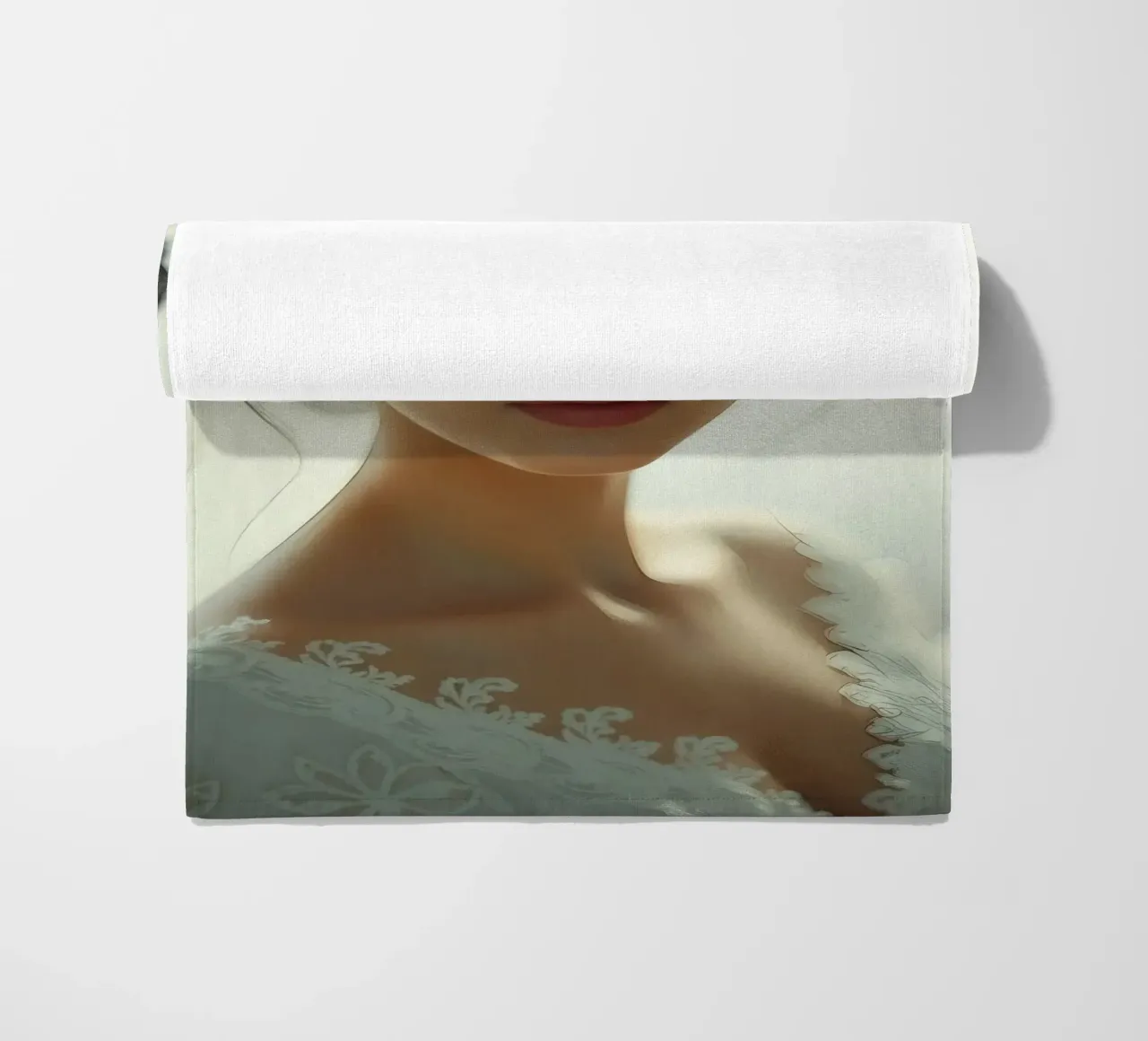 Een bruid met lang, donker haar, elegant gestyled strandhanddoek van DesignDoodle