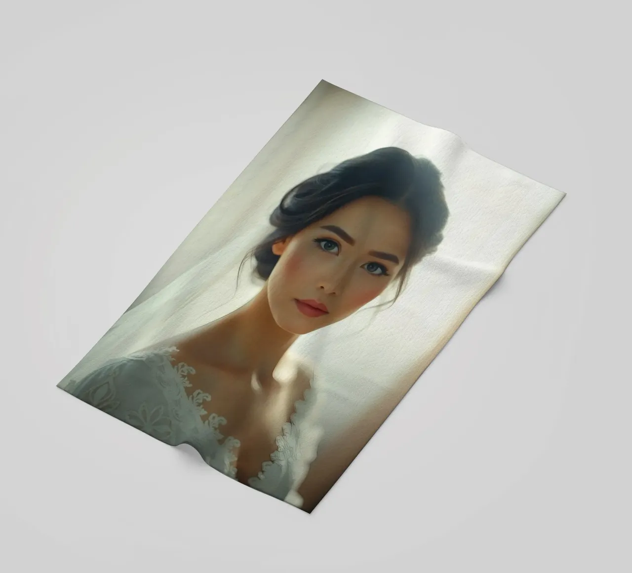 Een bruid met lang, donker haar, elegant gestyled strandhanddoek van DesignDoodle