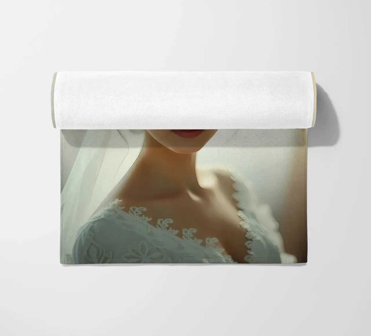 Een bruid met lang, donker haar, elegant gestyled strandhanddoek van DesignDoodle