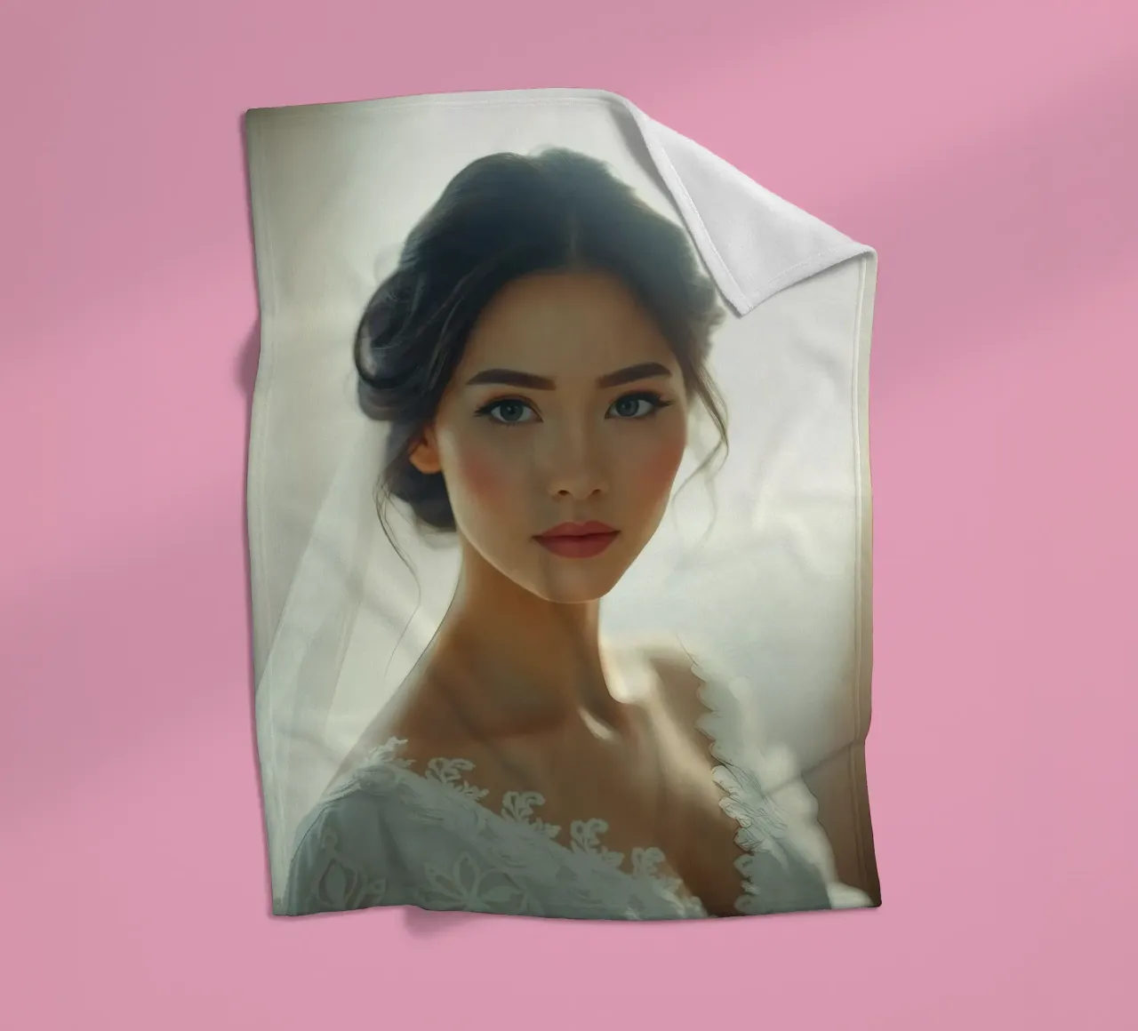Een bruid met lang, donker haar, elegant gestyled fleecedeken van DesignDoodle