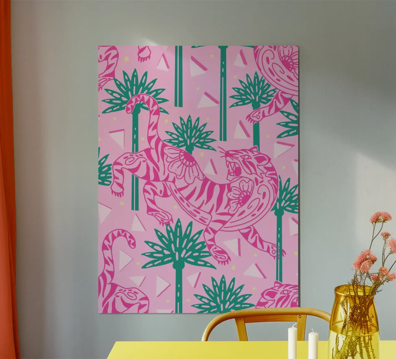Tiger roar preppy pink poster with wooden frame by Mitalim Designs