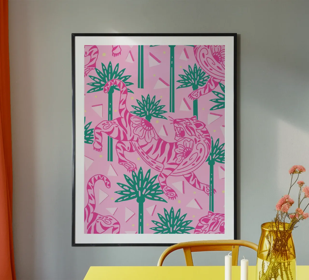 Tiger roar preppy pink poster with wooden frame by Mitalim Designs