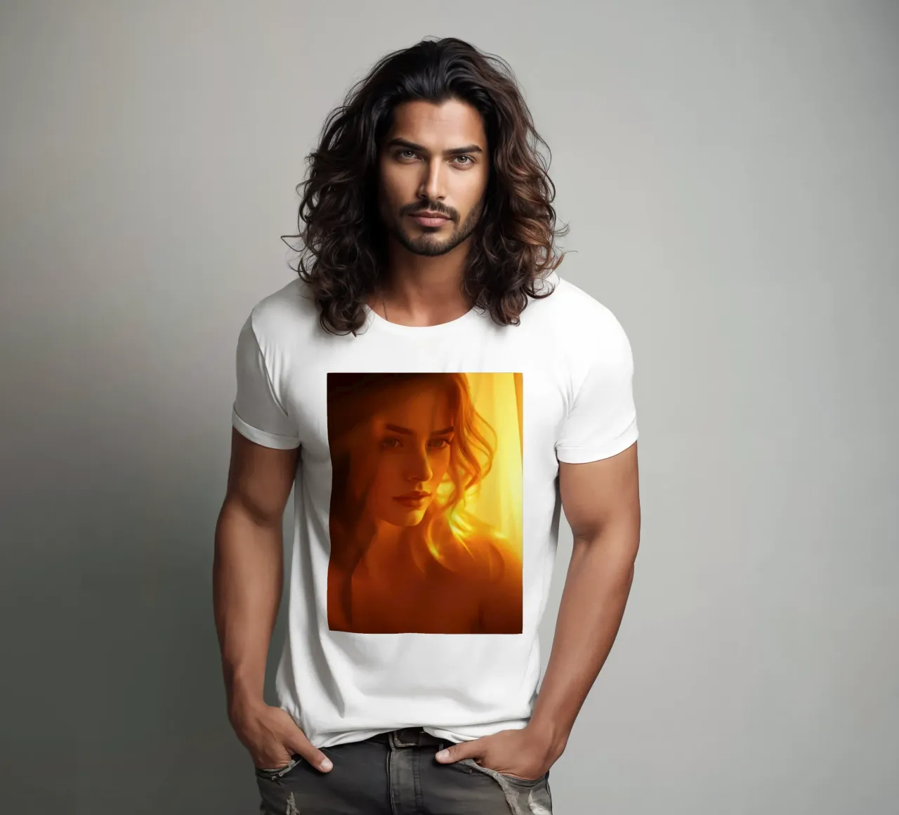 Une douce lumière dorée met en valeur l'expression calme d'une femme. t-shirt de DesignDoodle