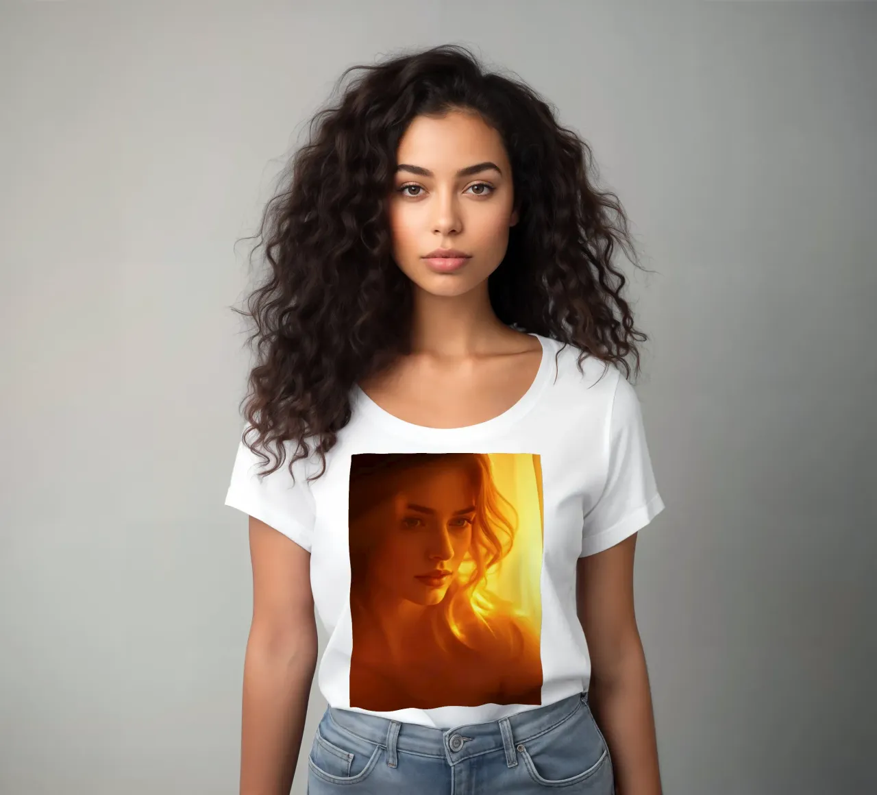 Une douce lumière dorée met en valeur l'expression calme d'une femme. t-shirt ajusté pour femmes de DesignDoodle