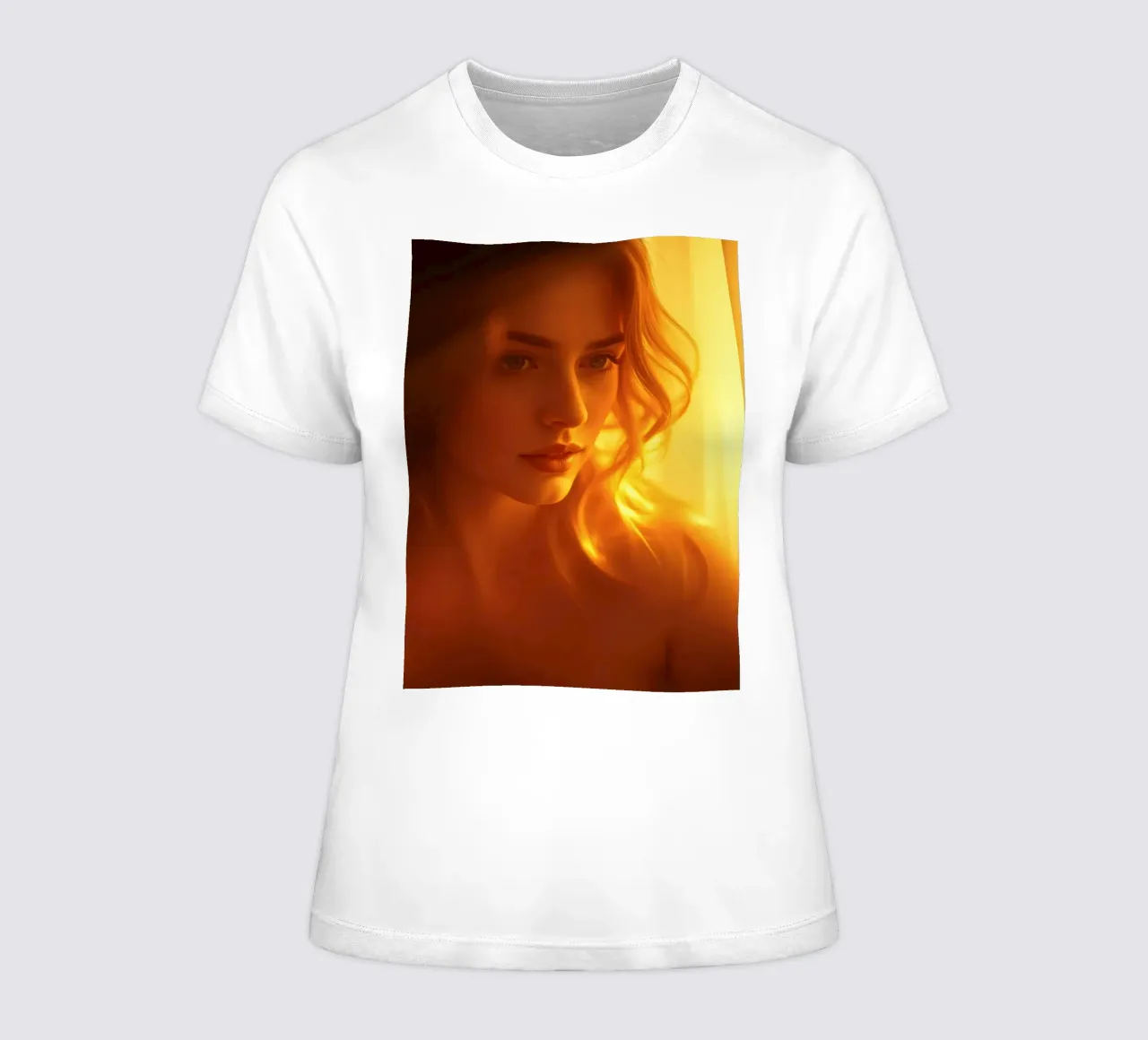 Une douce lumière dorée met en valeur l'expression calme d'une femme. t-shirt ajusté pour femmes de DesignDoodle
