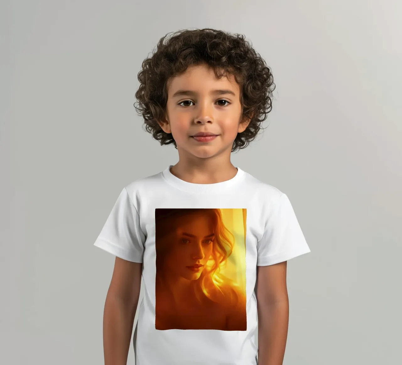 Une douce lumière dorée met en valeur l'expression calme d'une femme. t-shirt enfant de DesignDoodle