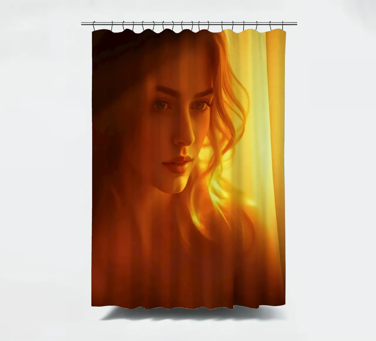 Une douce lumière dorée met en valeur l'expression calme d'une femme. rideau de douche de DesignDoodle