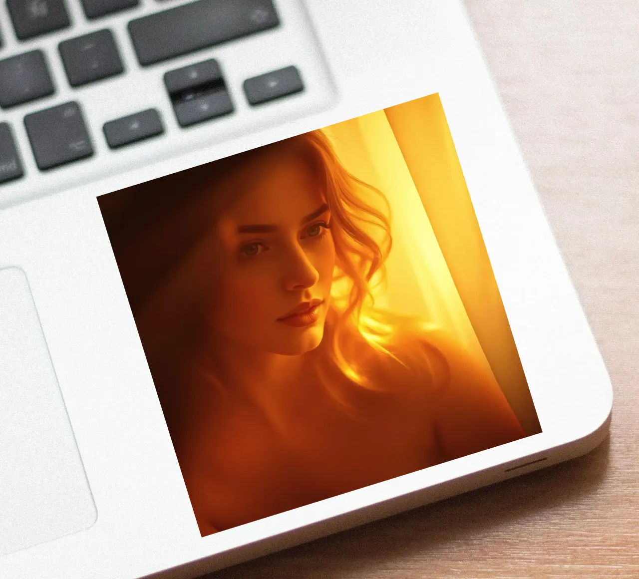 Une douce lumière dorée met en valeur l'expression calme d'une femme. autocollant de DesignDoodle