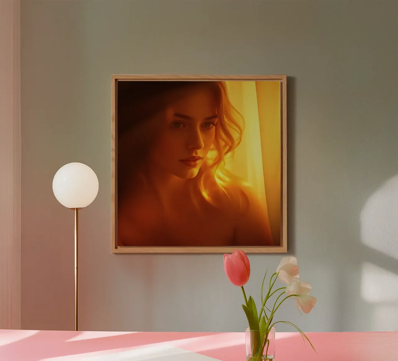Une douce lumière dorée met en valeur l'expression calme d'une femme. alu dibond de DesignDoodle