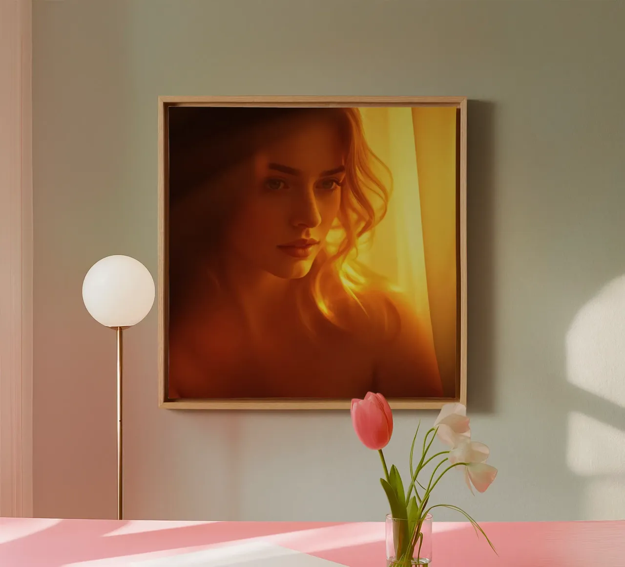 Une douce lumière dorée met en valeur l'expression calme d'une femme. toile de DesignDoodle